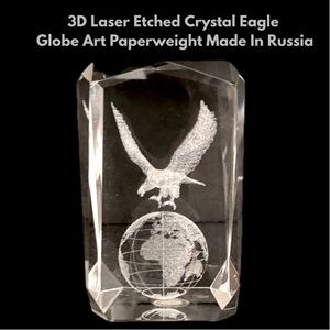 3D Laser Etched Crystal Eagle Globe Art Paperweight Made In Russia
